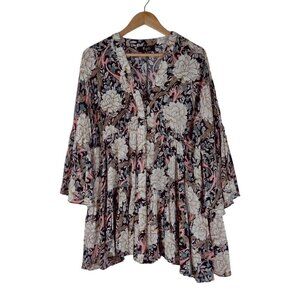 Meritt Floral Mini Dress Full Sleeves Gathered Black Multi Boho Cottage Peasant